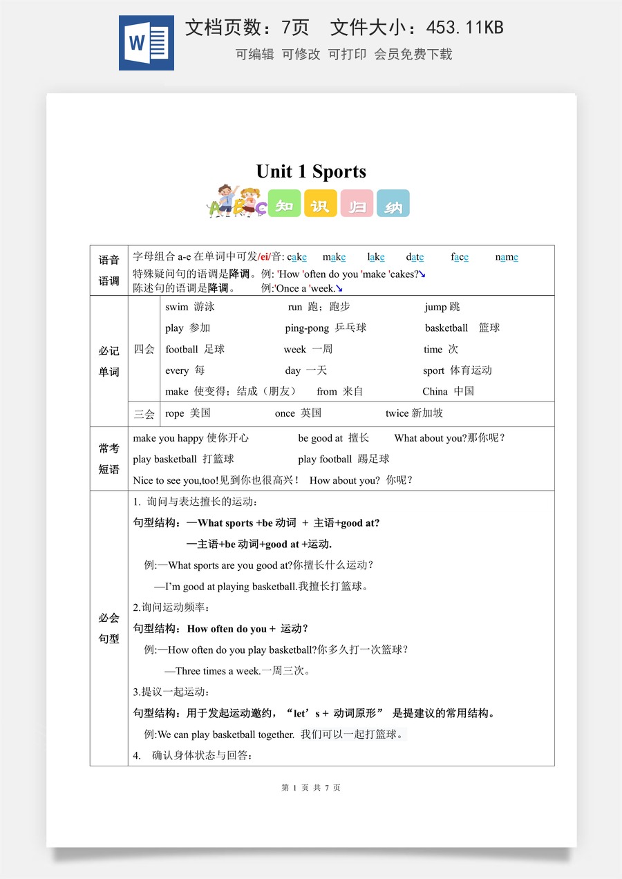 小学-英语-四上英语-4上英语-知识点总结-四年级上册人教精通版Unit 1 Sports（知识清单）.docx